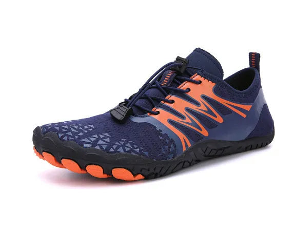 Men's white upstream sports shoes with lace-up front, breathable gauze lining, and non-slip rubber soles