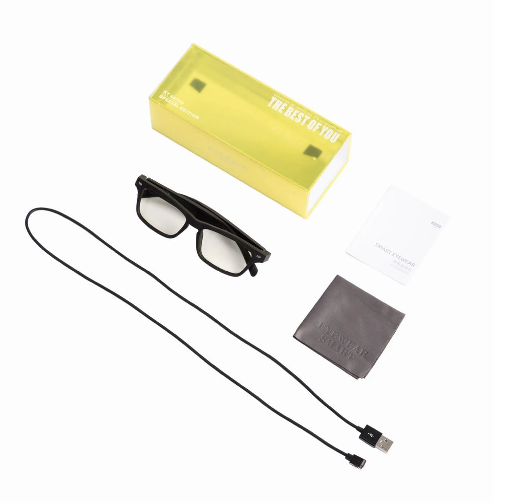Smart glasses with Bluetooth audio and semi-open ear design, featuring polarised anti-blue light lenses