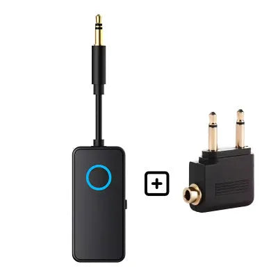 Black Bluetooth 5.4 audio adapter with flexible 3.5mm aux plug shown next to a mobile phone.