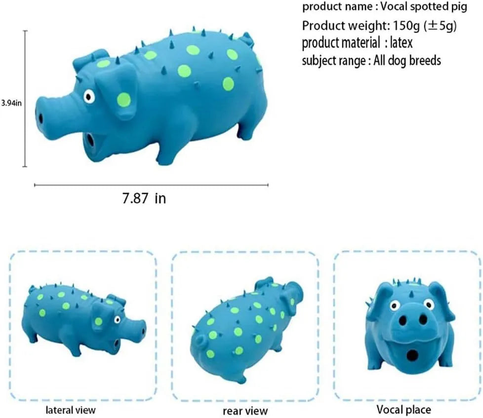 Latex pig-shaped dog chew toy in multiple colours with textured surface for teeth cleaning