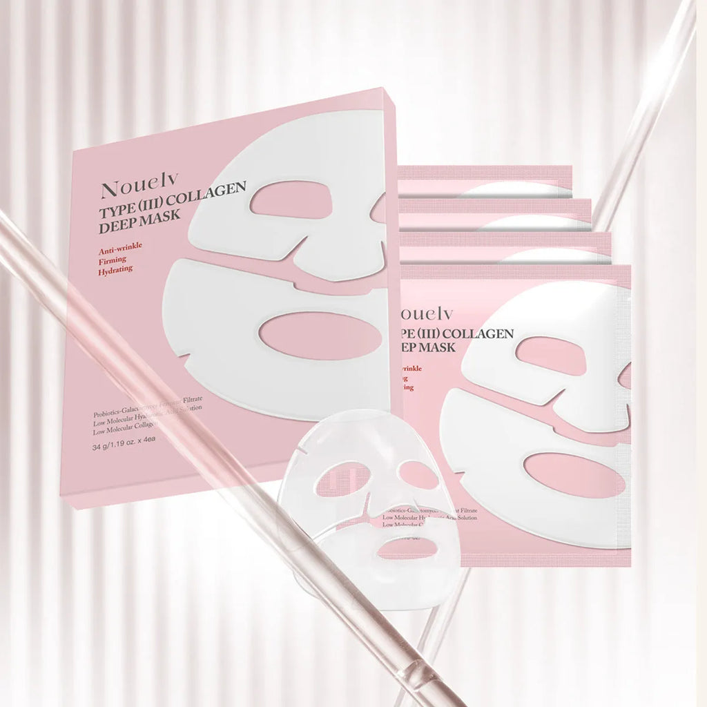 Box containing four collagen layered patch sheet masks for facial skincare.