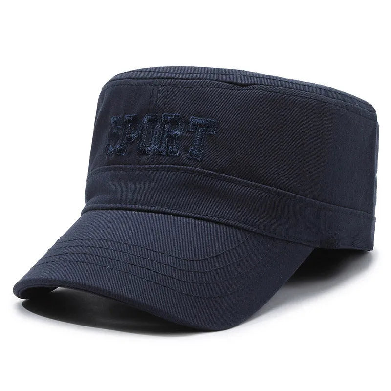 Cotton adjustable flat-top peaked cap for men in multiple colours with English letter detail.