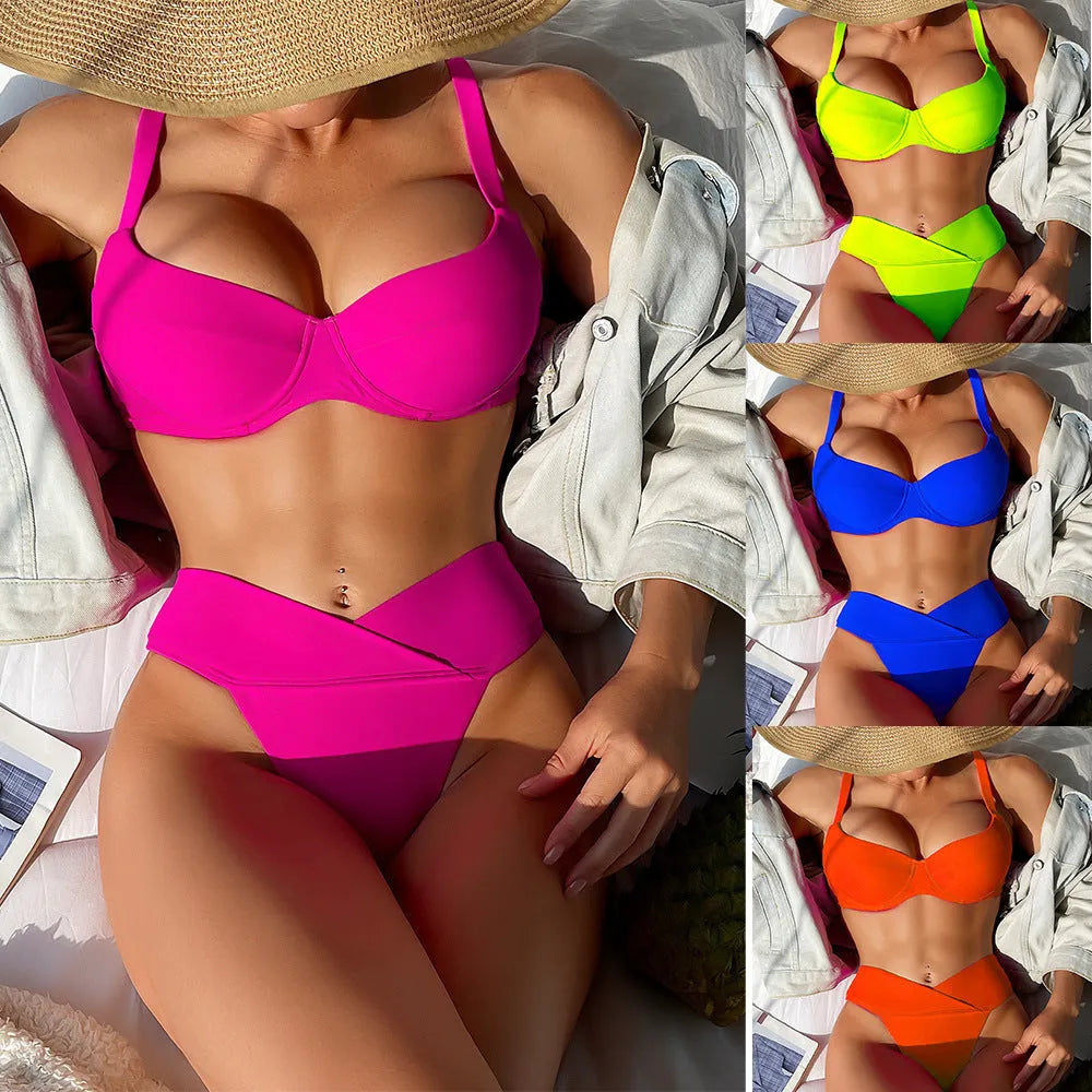 Solid colour bikini swimsuit in briefs style on a mannequin, showing separate bra and panties.