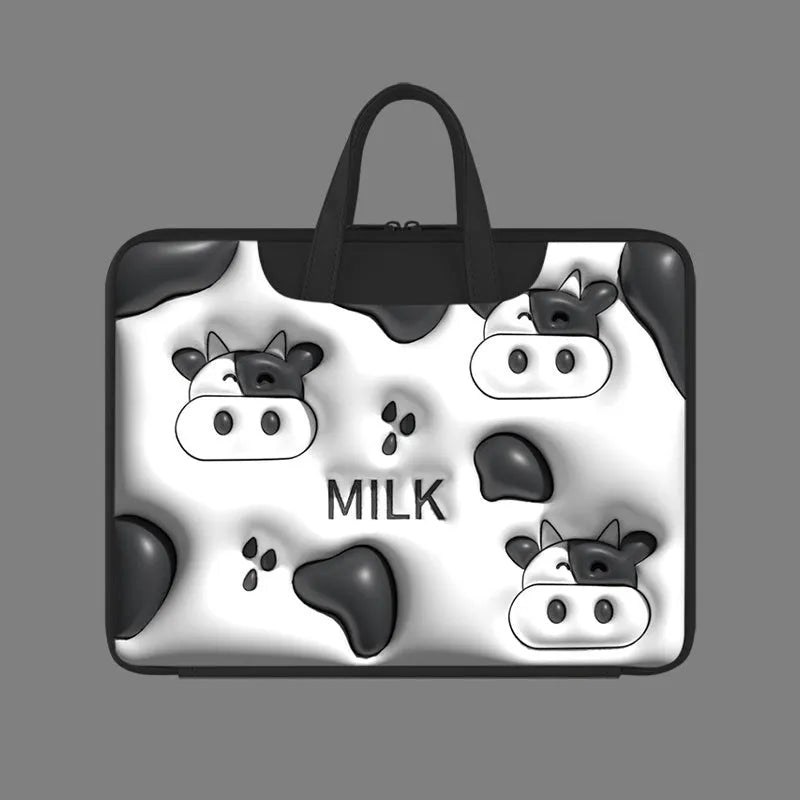 Inflatable PU leather laptop bag with cartoon print hanging from a suitcase handle