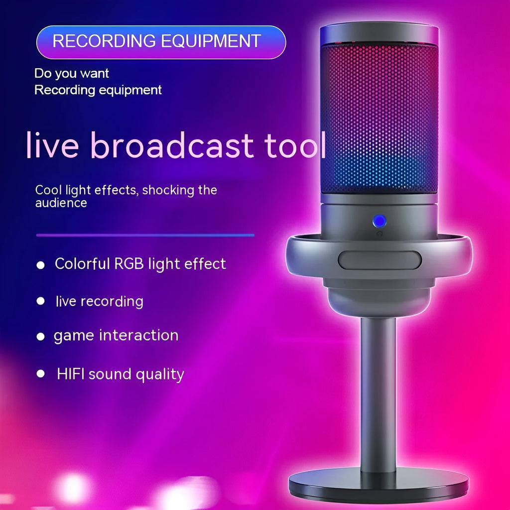 RGB condenser USB microphone with 150cm cable in black, white, or pink for live streaming