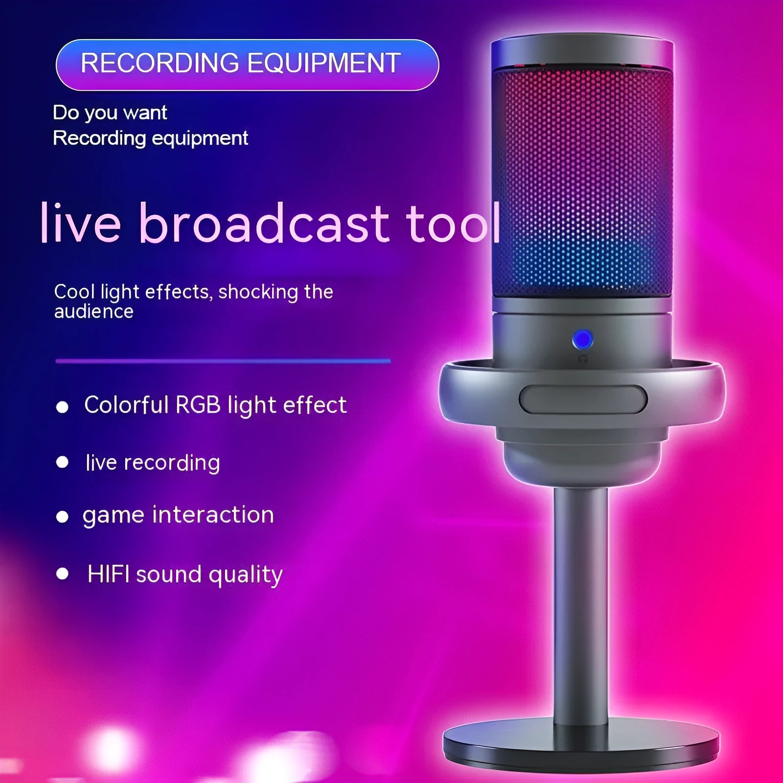 RGB condenser USB microphone with 150cm cable in black, white, or pink for live streaming