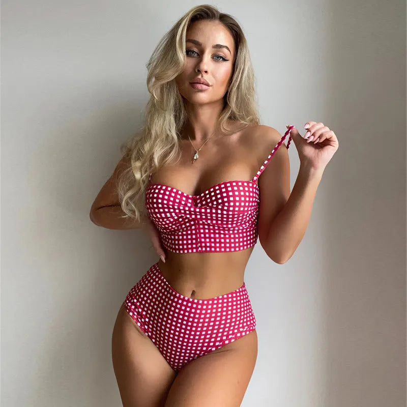 Women's high-waist bikini swimsuit with plaid split design on briefs and coordinating top