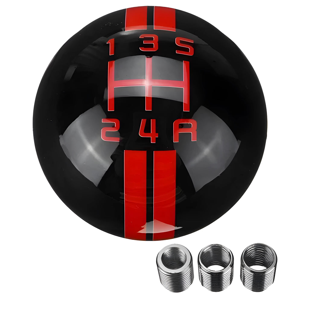 Black 5-speed car gear knob replacement with red gear markings and screw adapters