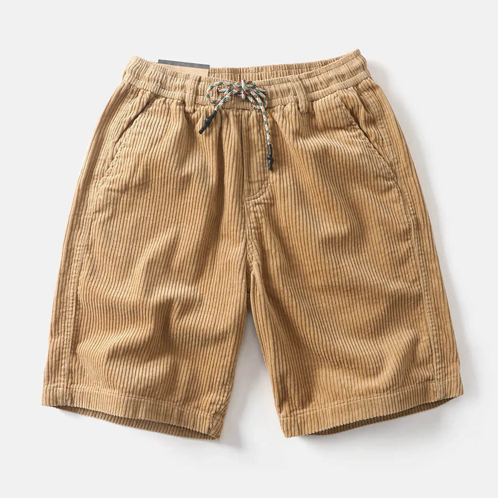 Men's khaki polyester cargo shorts with a straight leg cut on a plain background.