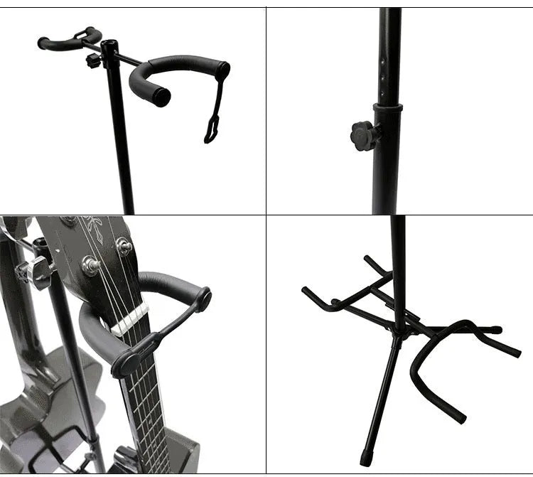 Black vertical double-headed adjustable iron guitar stand on a tripod base.