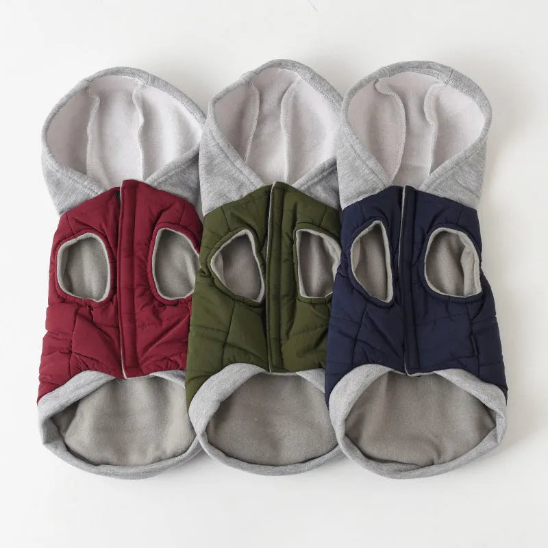 Fleece windproof cotton-padded pet jacket in blue, green or wine red, sizes M to 3XL
