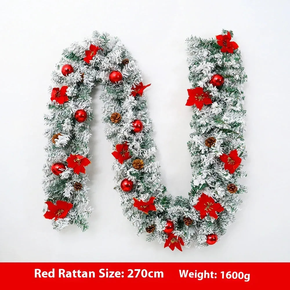 PVC Christmas rattan garland with flocked finish in golden colour option draped over mantelpiece