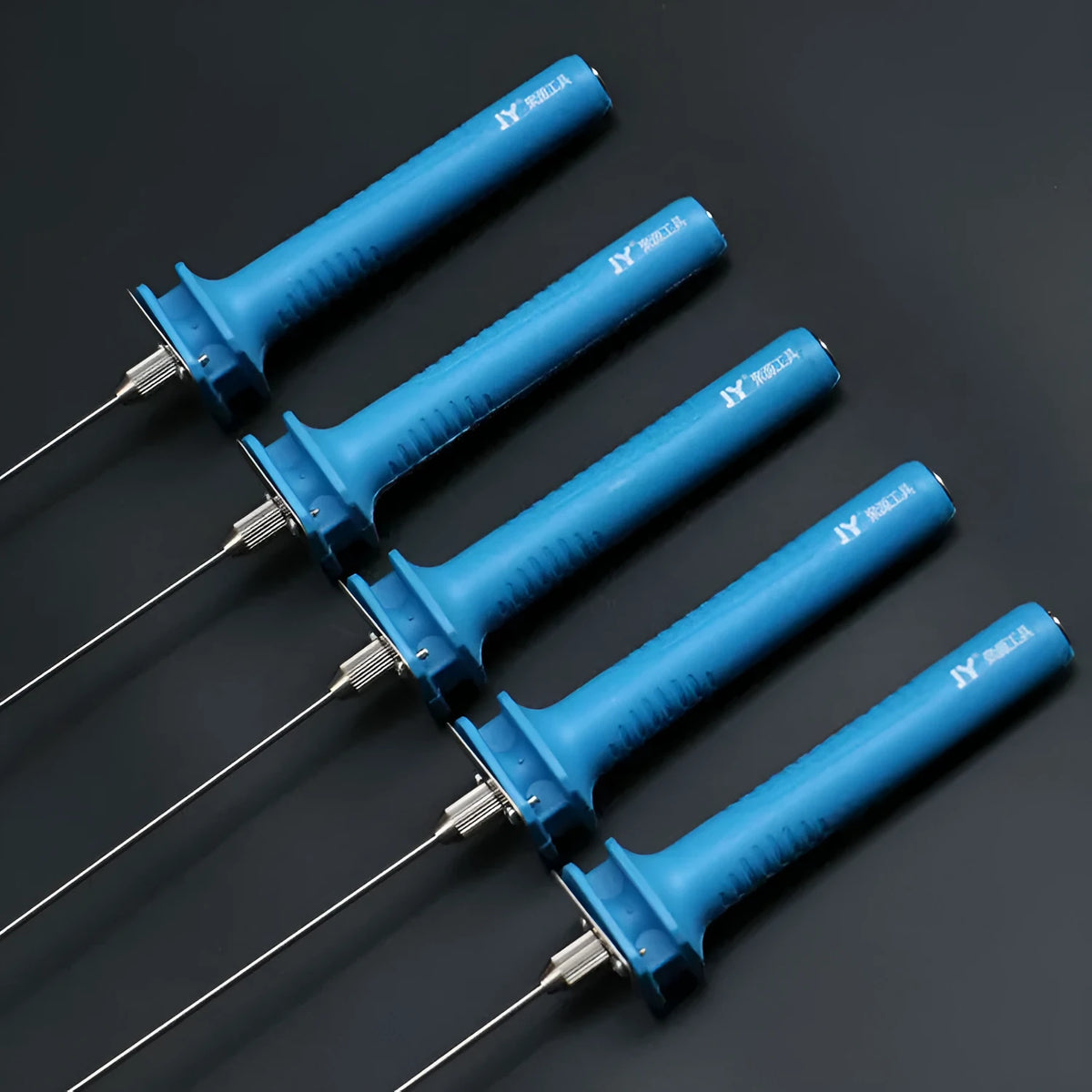 Blue plastic-handled electric heating cutter pen with metal tip for cutting foam.