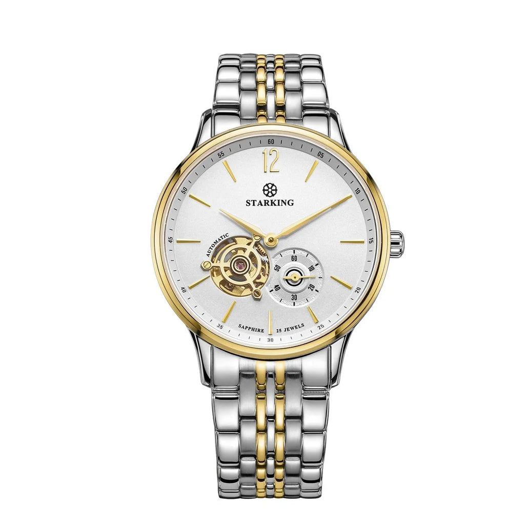 Automatic mechanical business watch with hollow three-needle dial on brown leather strap