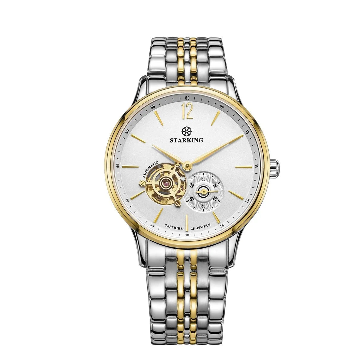 Automatic mechanical business watch with hollow three-needle dial on brown leather strap