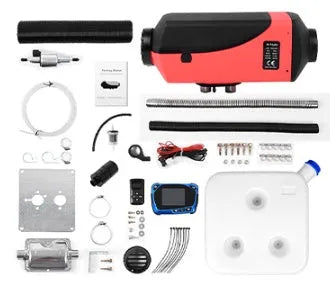Red and black diesel air heater unit with fuel tank, pump, and installation kit for trucks and vans.