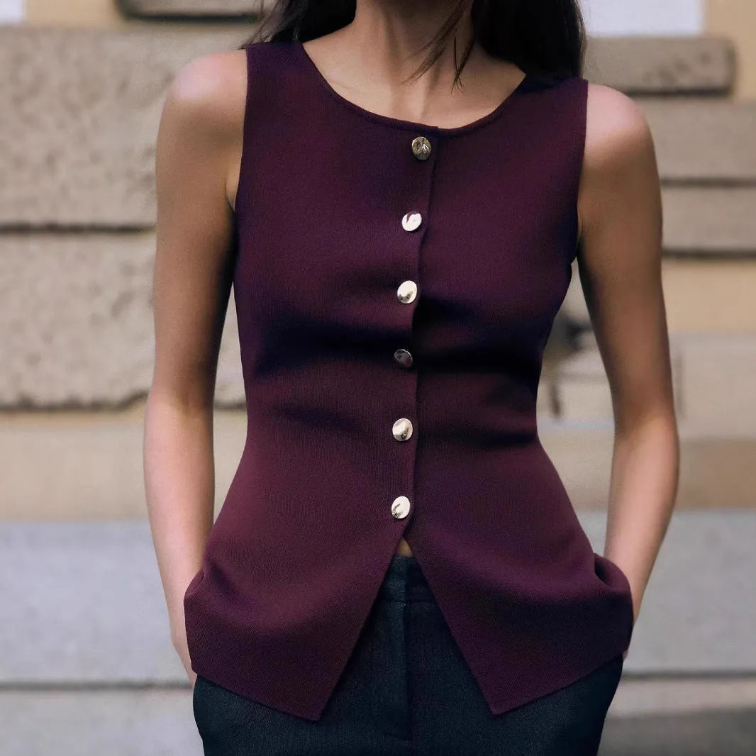 Dark red slim fit sleeveless sweater vest with gold buttons and a 3D pattern.