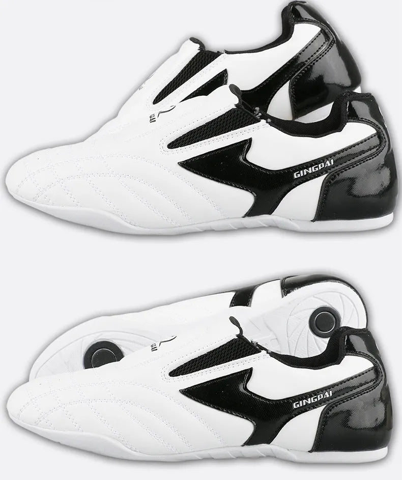 Black and white children's martial arts training shoes with soft bottom and widened design