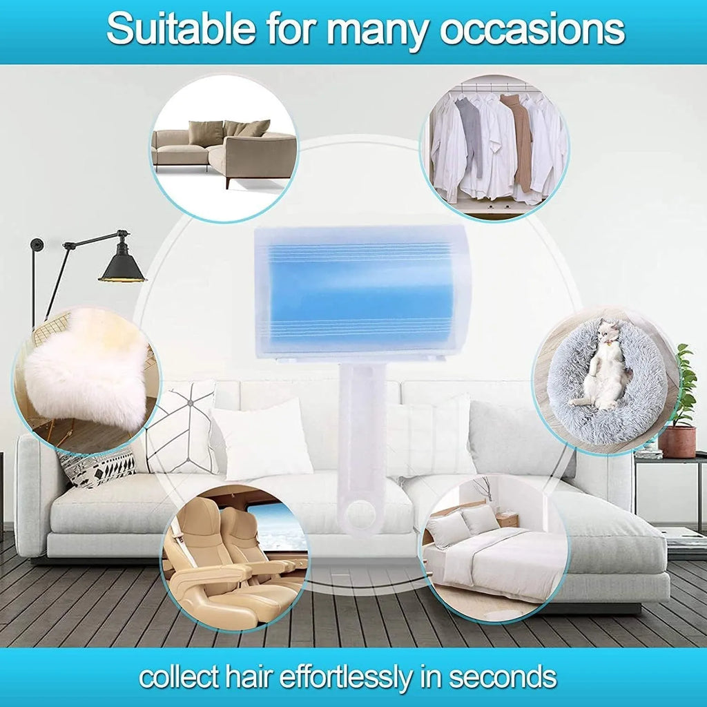 Blue reusable washable sticky lint roller with protective cover for removing pet hair.
