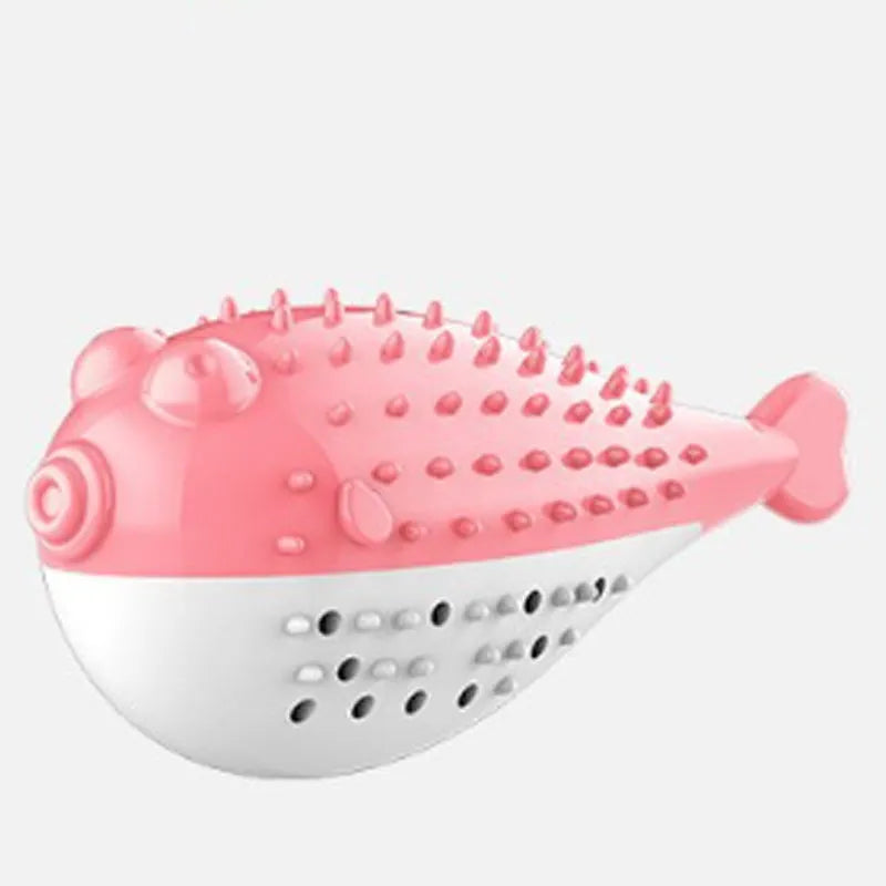Blue silicone fish-shaped chew toy and teaser for cats on a white background.