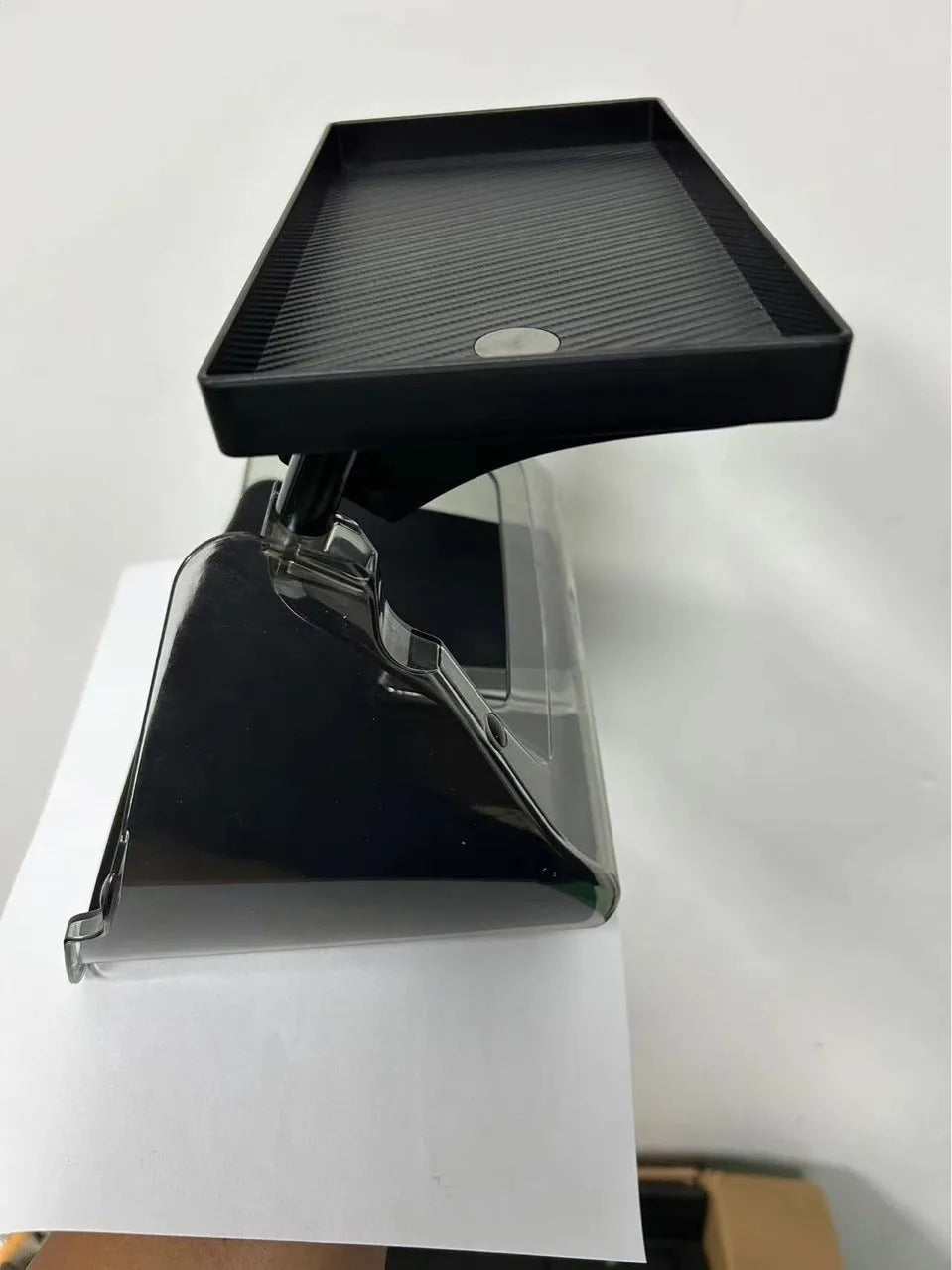 Black ABS plastic Tesla Model 3 Y centre console organiser box for ETC cards, shown with matching napkin box.