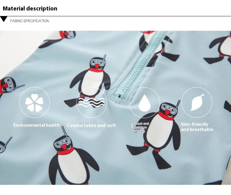 Boys' penguin print long sleeve one-piece swimsuit with matching swimming cap set