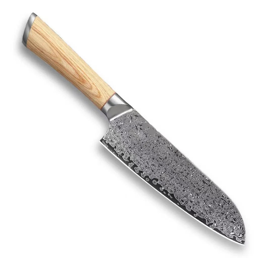 Damascus 12-piece kitchen knife set showing layered steel pattern on various blade sizes from 3.5-inch to 9-inch