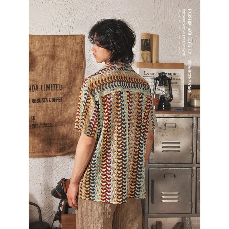Grey Japanese style Cuban collar short sleeve shirt with jacquard pattern, slim fit.