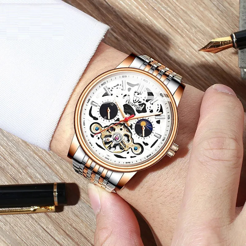 Men's black tourbillon mechanical watch with luminous hands on a leather strap, showing 16.5mm thickness.