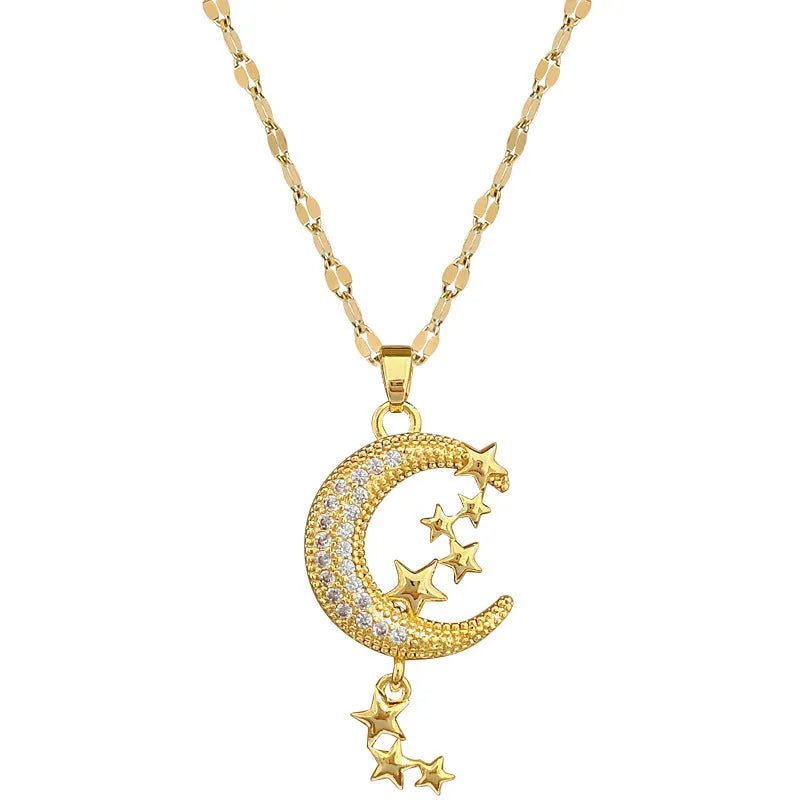 Geometric moon necklace with tassel detail in stainless steel and copper materials