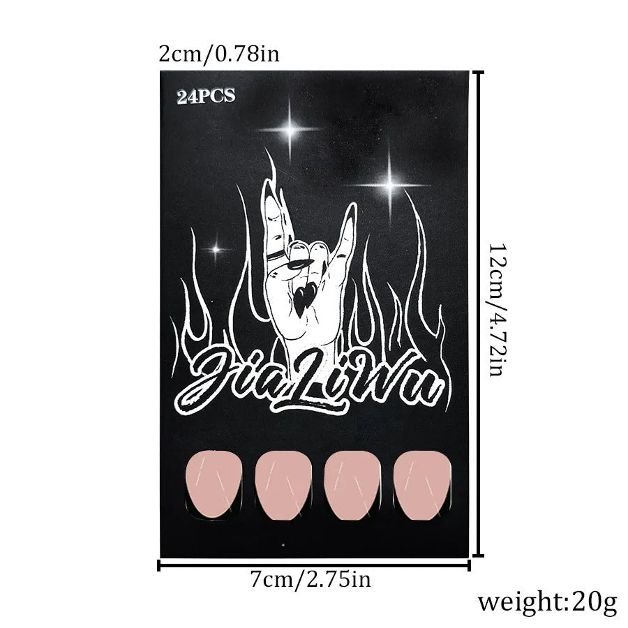 Set of 24 short almond coffin shaped press-on nails with black French tips on a white base.