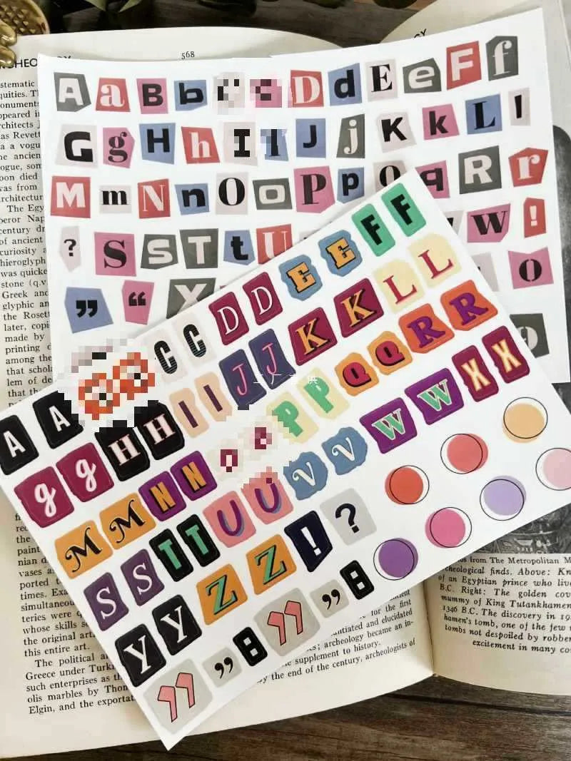 Set of printed English letters, numbers, and weekday word stickers in multiple colours for crafts and organisation