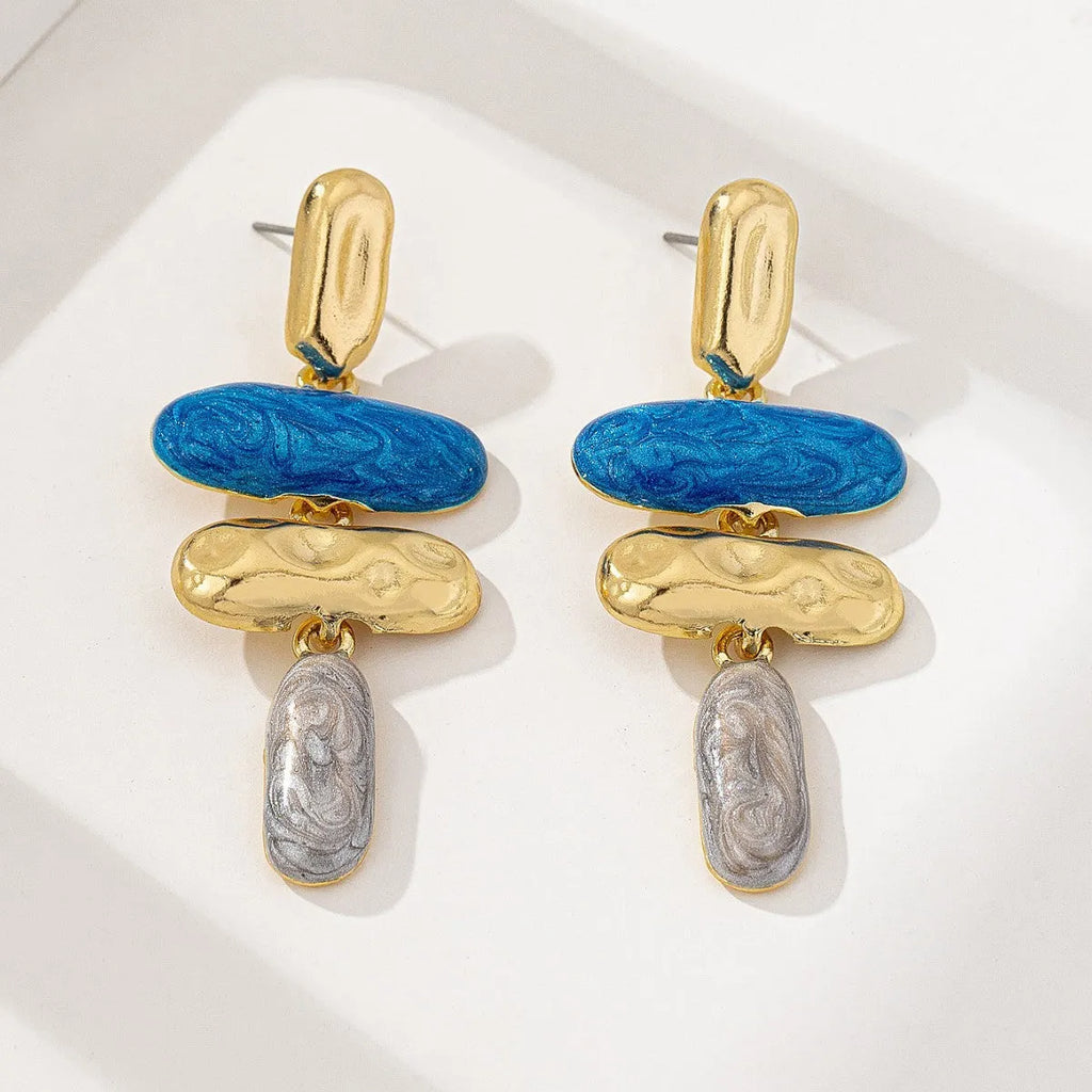 Geometric stud earrings with multicolour electroplated finish on zinc alloy