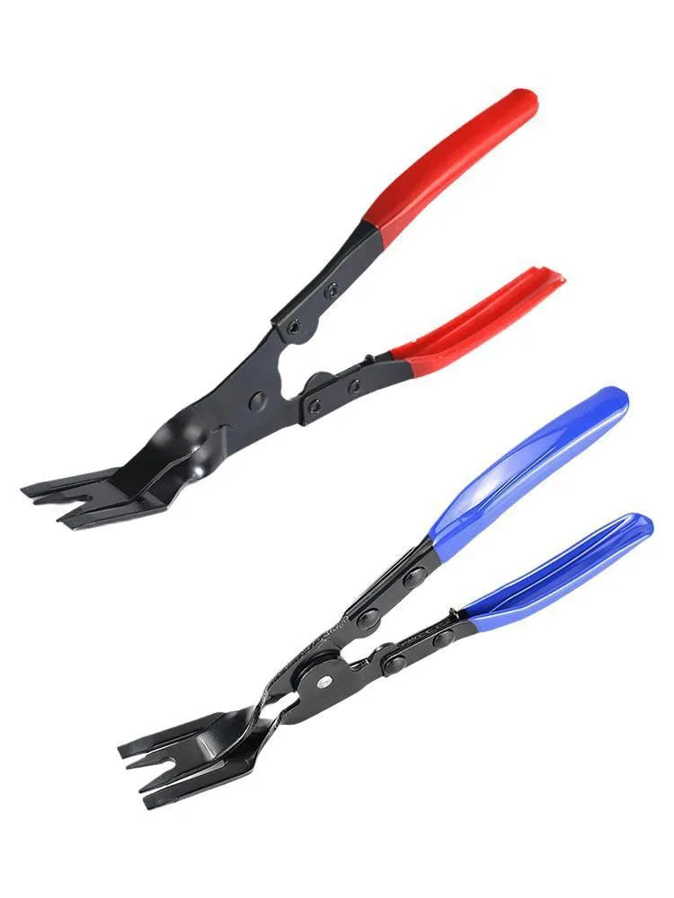 Steel car universal disassembly separator pliers with blue handles for removing interior clamps and door panels.