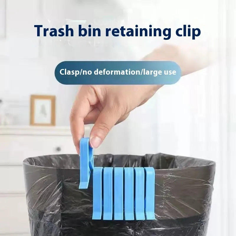 Non-slip plastic fixing clip for holding rubbish bags onto the side of a bin.