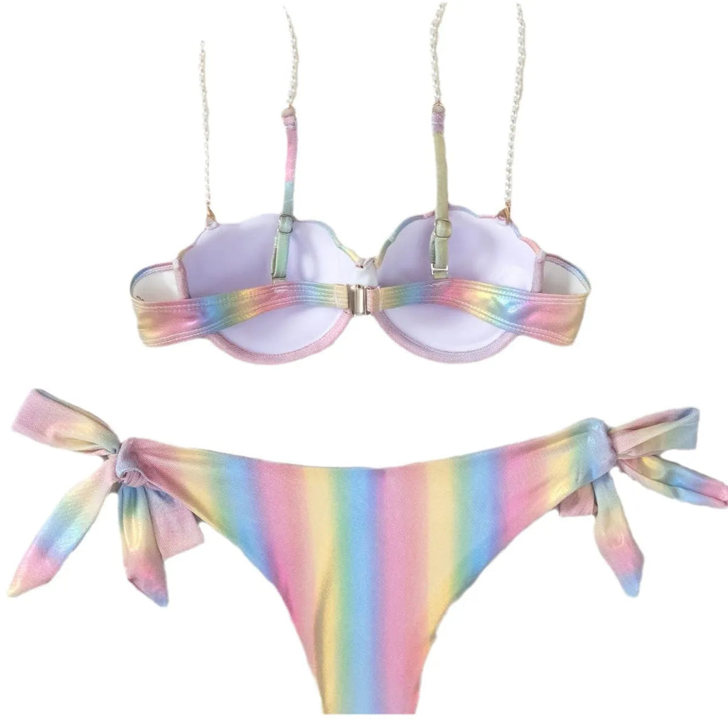 Women's Shell Rainbow Bikini Swimsuit with adjustable ties and colourful pattern