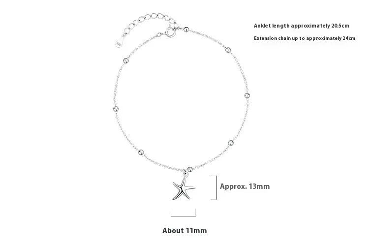 Women's sterling silver anklet with a starfish charm on a round bead chain