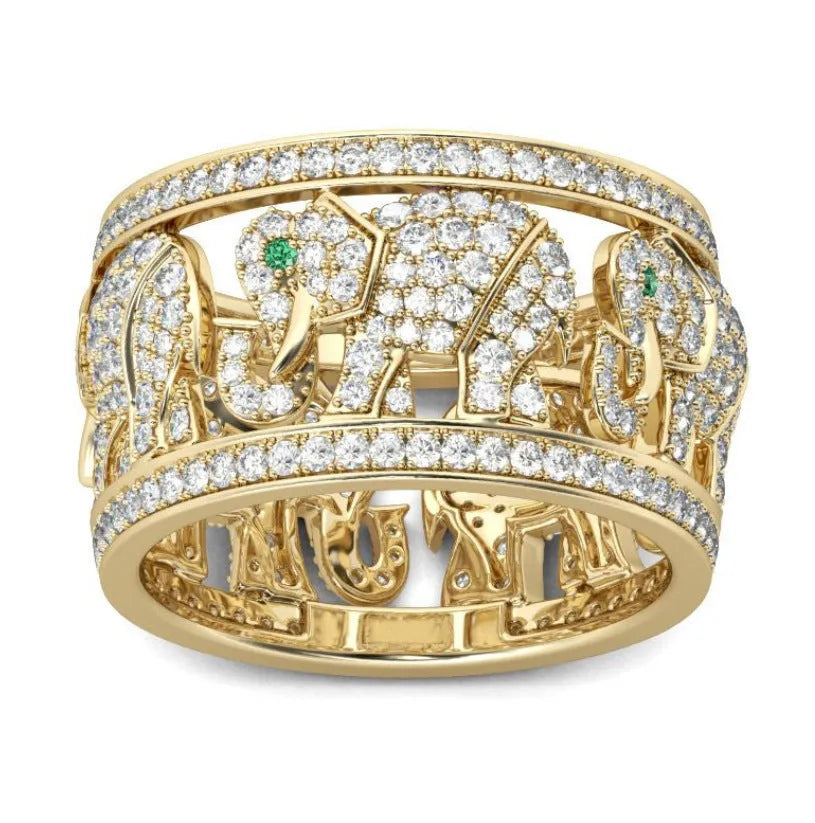 Alloy elephant charm ring with diamond details in electroplated finish showing size options