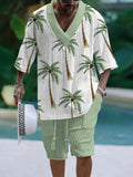 Men's loose casual short sleeve suit set in polyester fabric showing matching top and shorts