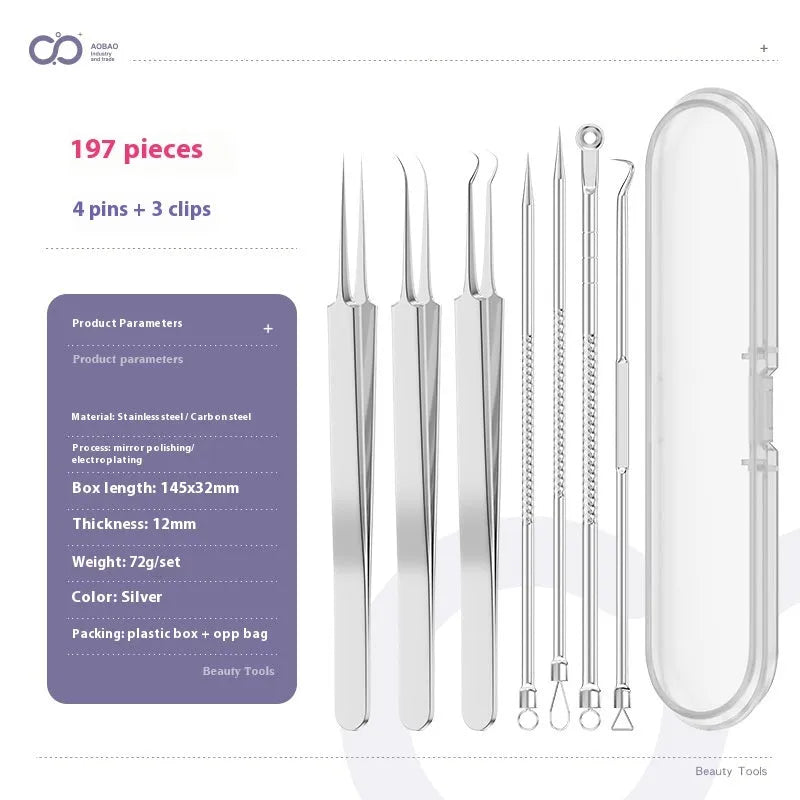 Four silver metal acne needles with ultra-fine pointed tips for skincare treatment.