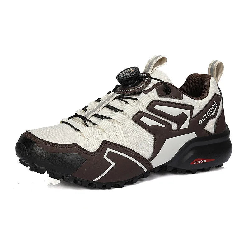 Men's beige lightweight hiking shoes with elastic band closure and rubber sole for outdoor sports.