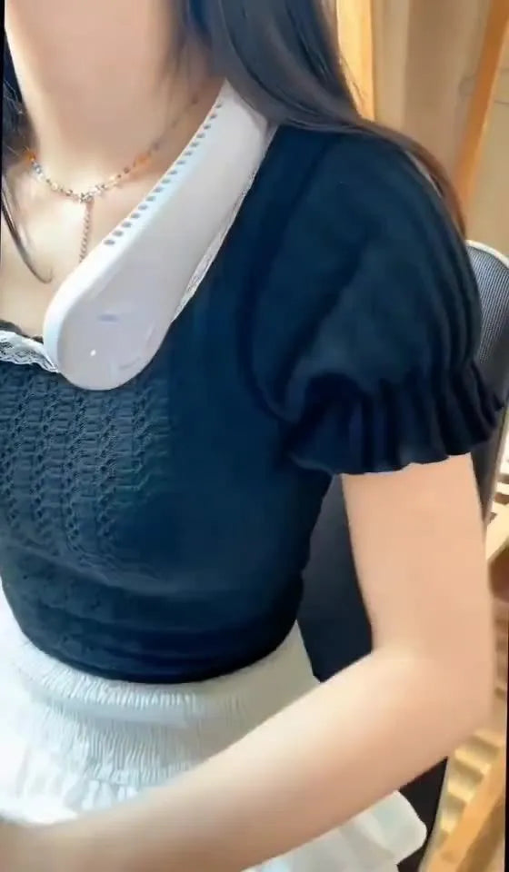 Blue USB rechargeable bladeless neck fan being worn, showing adjustable speed buttons and flexible neckband