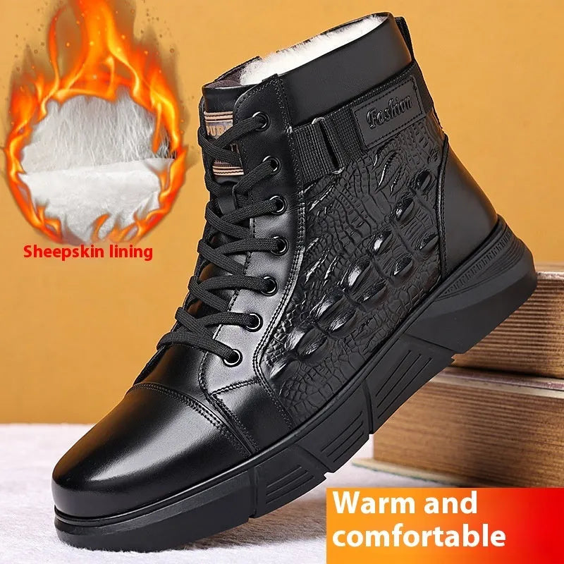 Women's black velvet fur-lined leather snow boots with rubber soles and front lace-up closure