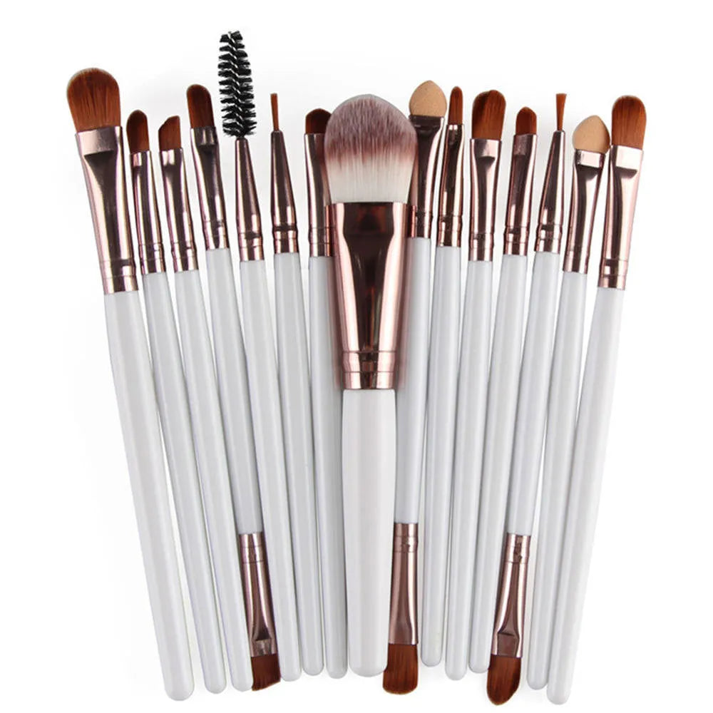 18-piece makeup brush set showing various brush types including fan-shaped brushes for contouring