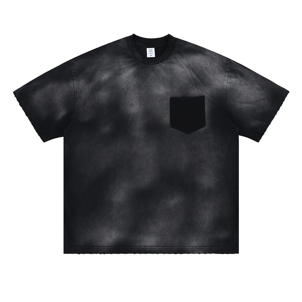 Men's black loose fit cotton t-shirt with drop shoulder sleeves and letter pattern printing