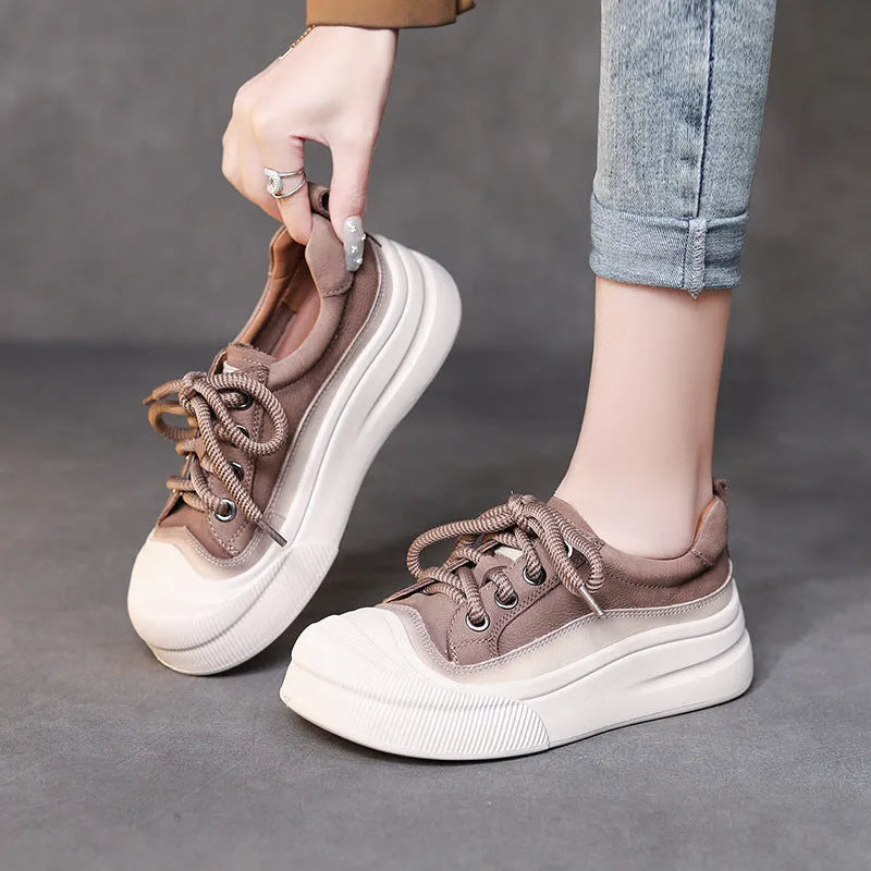 Women's cameo brown leather lace-up casual shoes with round toe and rubber sole