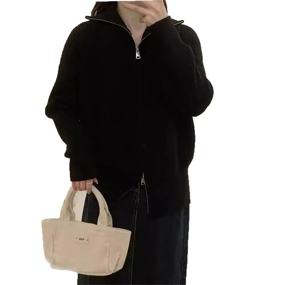 Hong Kong style double zipper knitted cardigan with floral pattern in loose fit