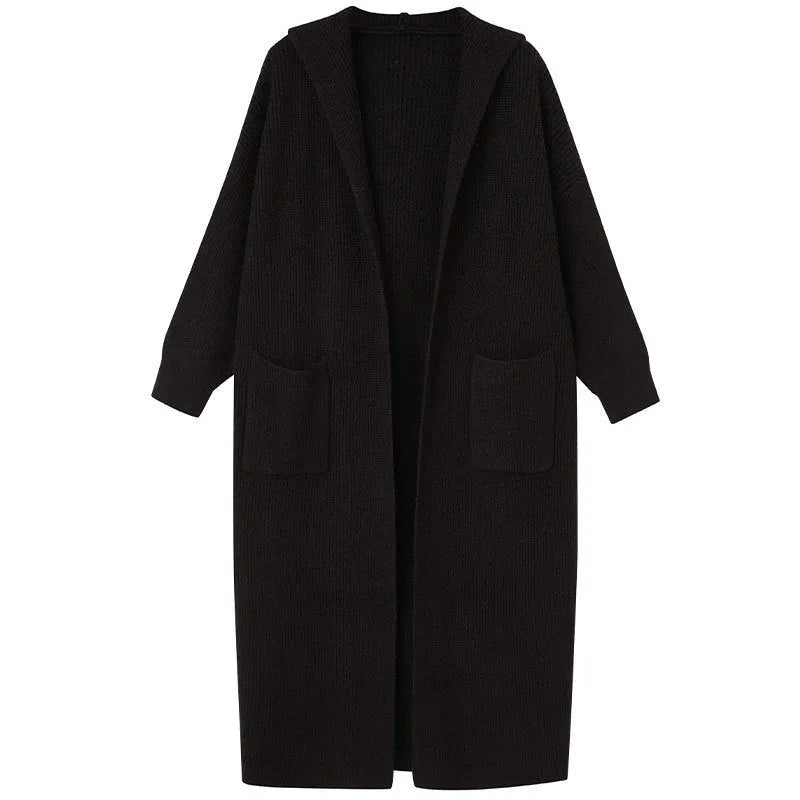 Long grey hooded knitted cardigan with a trench coat style on a hanger