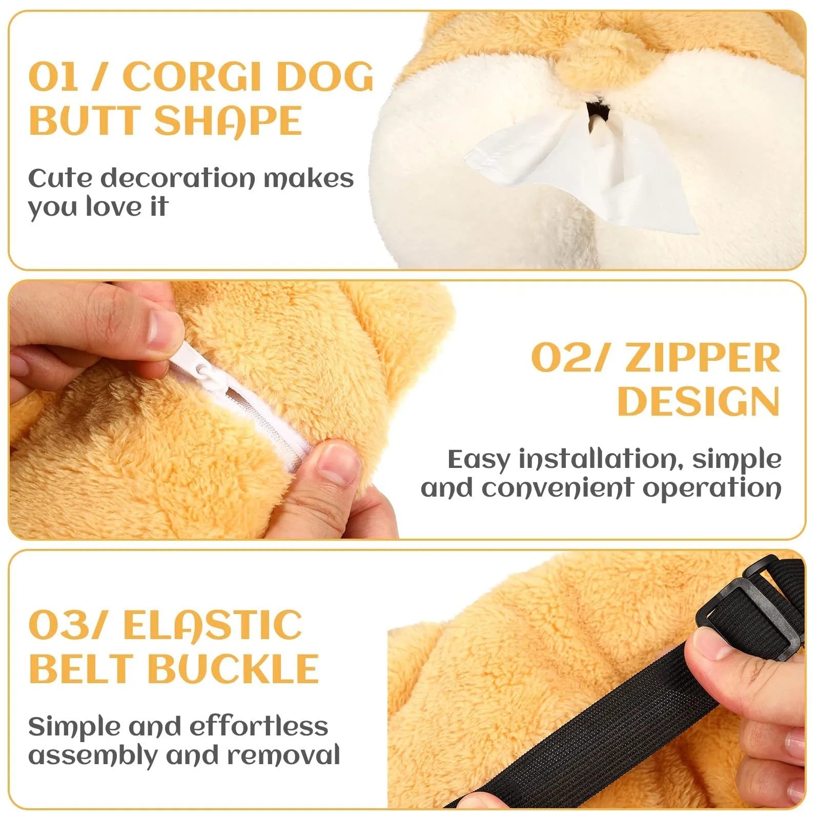 Yellow soft plush corgi butt shaped tissue box cover with elastic straps for car visor.