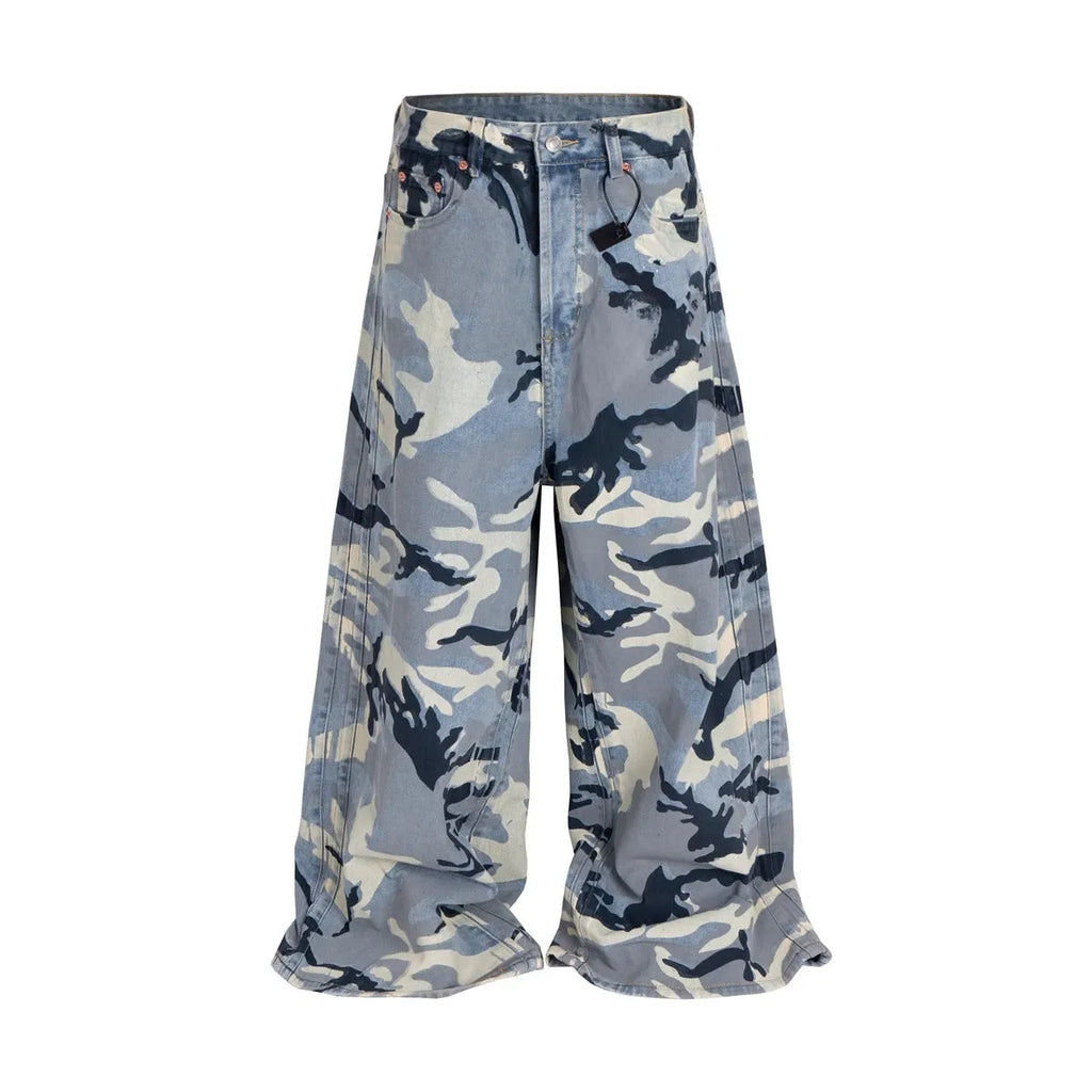 Snow camouflage blue loose fit denim jeans with mid-waist design and elastic fabric